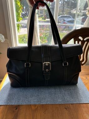 Coach Black Leather Duffel Satchel with Buckle Strap and Double Handles